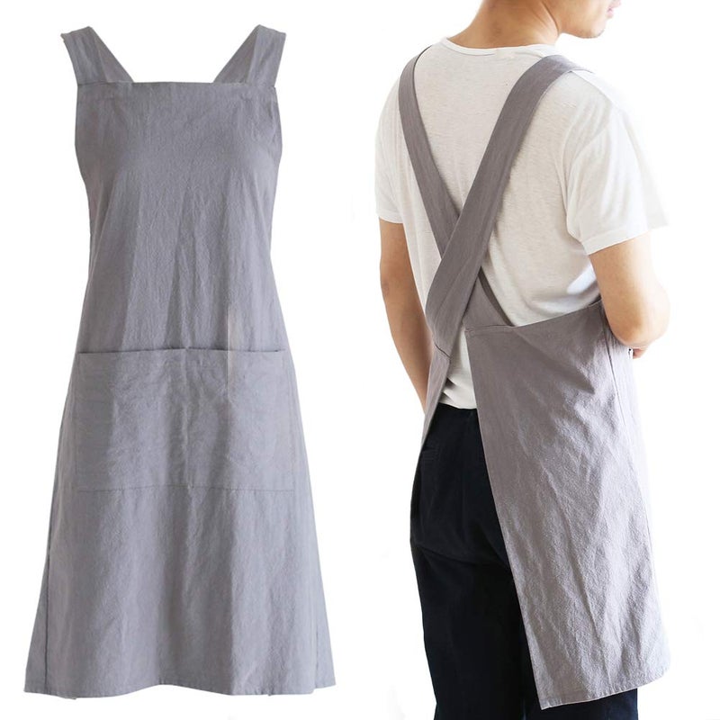 NEWGEM Japanese Linen Cross Back Kitchen Cooking Aprons for Men with Pockets for Baking Painting Gardening Cleaning Gray - Image 1